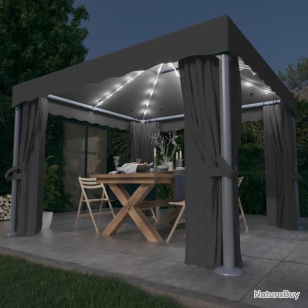 Tonnelle avec rideau et guirlande lumineuse LED 3x3m Anthracite