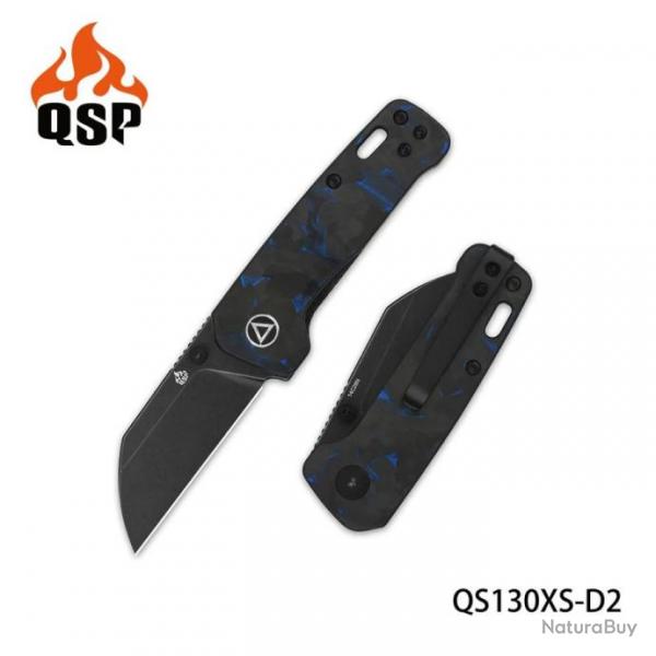 Couteau QSP Mini Penguin Blue Lame Acier 14C28N Black Manche FCarbone IKBS Linerlock Clip QS130XSD2
