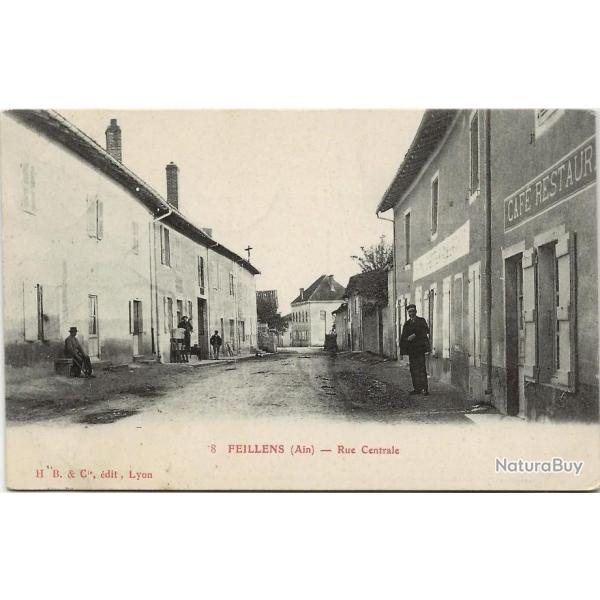 Carte Postale Ancienne - Feillens (01) Rue de l'glise - Rue Centrale