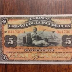 Cuba . 5 pesos 15 mai 1896 proche du neuf