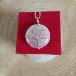 Pendentif Quartz rose arbre de vie   Diamètre 4,50 cm avec écrin
