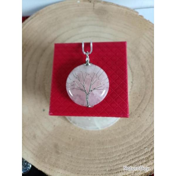 Pendentif Quartz rose arbre de vie   Diamtre 4,50 cm avec crin