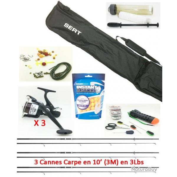 Pack complet Carpe batterie, 3 Cannes 10' (3m) + 3 Moulinets dbrayable garni + Fourreau +accessoire