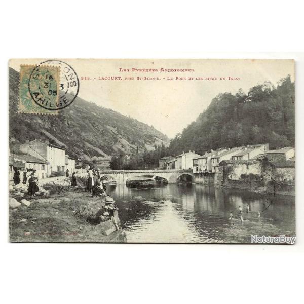 Carte postale ancienne - LACOURT, Prs St-Girons - Le Pont et les rives du Salat