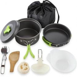 PROMOTION !! Kit de cuisine pour camping et bivouac 9 en 1 Marmite vert + Poêle + bol + couverts
