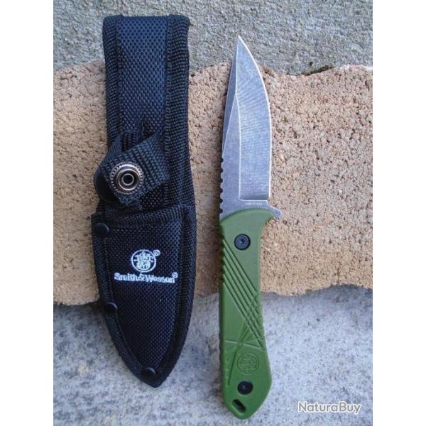 Couteau Tactical Backup SMITH&WESSON HRT OD Green Manche Abs Lame Acier Inox Etui Nylon SWP1189666