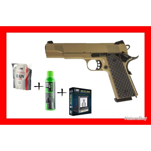 PACK DE NOEL REPLIQUE GBB RAVEN 1911 MEU TAN 1J + BILLES + CIBLE + GAZ