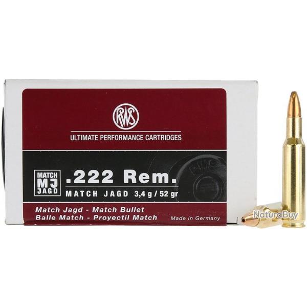Munitions RWS 222 Rem. MJ 3.4g 52gr x5 boites