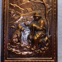 Tableau en  relief  cuivre  Lonval véritable  repoussé «  berger et son chien  »