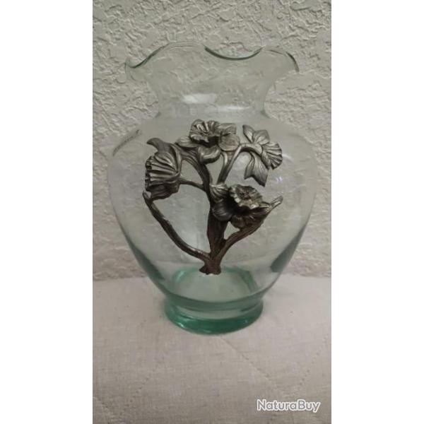 Vase Vintage en Verre Floral en Etain Vritable