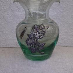 Petit Vase Vintage en Verre Floral en Etain Véritable
