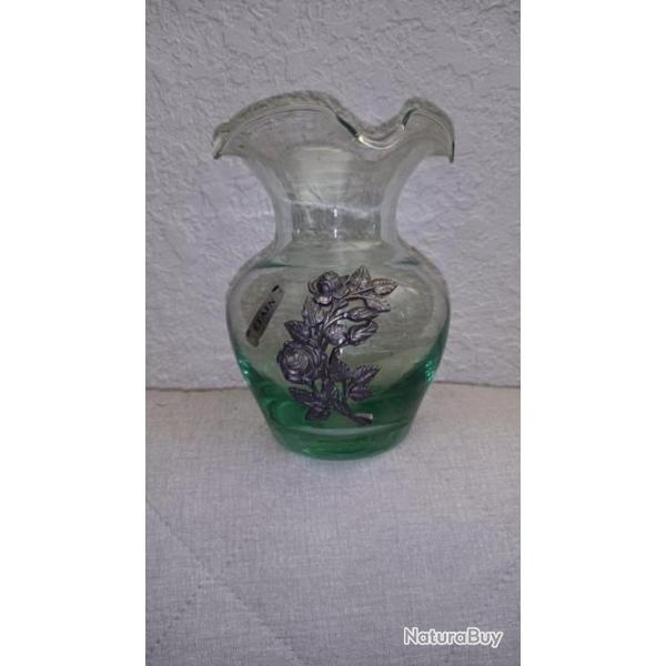 Petit Vase Vintage en Verre Floral en Etain Vritable