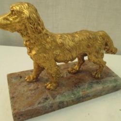 beau  chien de chasse  en bronze doré  sur terrasse en marbre  L 23 cm  poids 3 Kg 400  parfait état