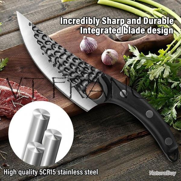 Couteau Chasse Cuisine Boucher Forge Main, Couleur: Noir