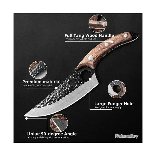 Couteau Chasse Cuisine Boucher Forge Main, Couleur: Marron + Etui