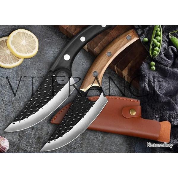 Couteau Chasse Cuisine Boucher Forge Main, Couleur: Noir + Etui