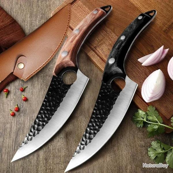 Couteau Chasse Cuisine Boucher Forge Main, Couleur: Marron + Noir