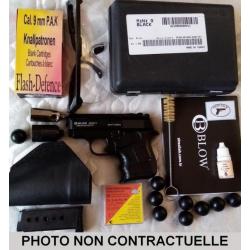 Blow 9mm,huile,accessoires,notice,boite,sticker+si stock 2chargeurs,holster,munition,lunettes,embout