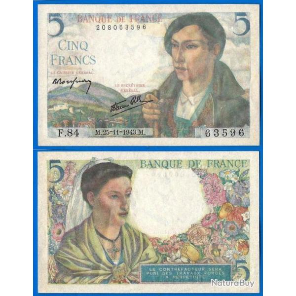 France 5 Francs 1943 25 Novembre Berger Billet Franc Frcs Frc Frs