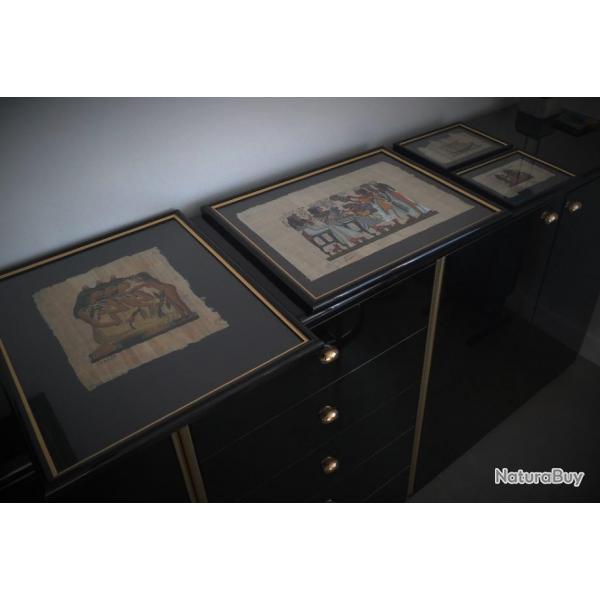 Ensemble de 4 papyrus encadrs sous verre annes 80 signs- encadrement laqu noir-Motifs Egyptiens