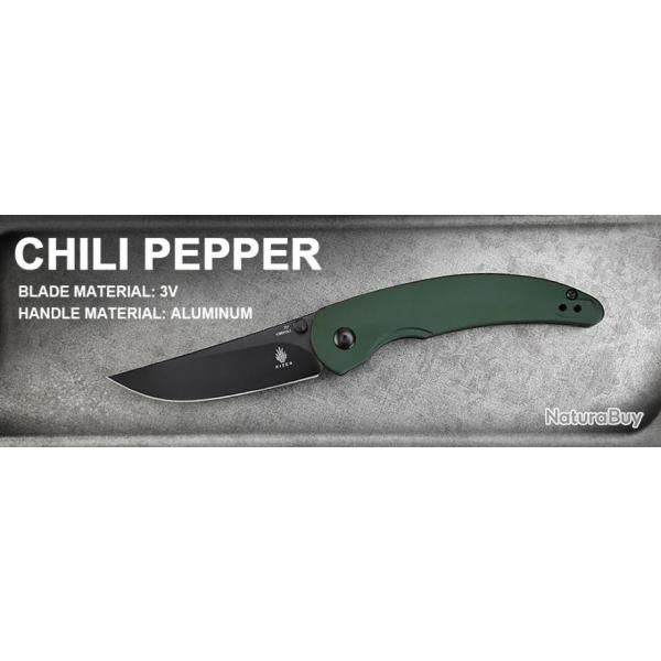 Couteau Kizer Chili Pepper Green Button Lock Manche Alu Lame Acier CPM-3V Clip KIV3601A1