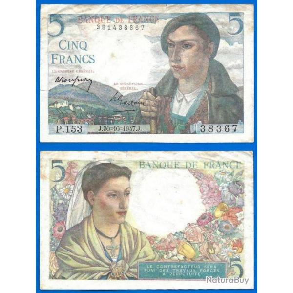 France 5 Francs 1947 20 Octobre Berger Billet Franc Frcs Frc Frs