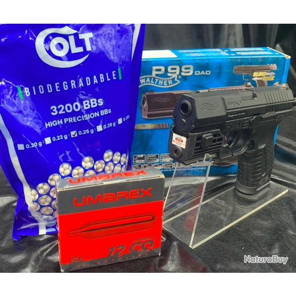 Pack Pistolet Walther P99 Noir DAO (Billes+CO2+Laser) - Airsoft - Blowback