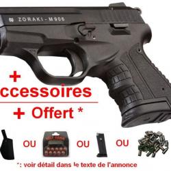 Zoraki 906+munitions/holster/2 chargeurs/kit gomme cogne/huile/accessoires/lunettes/notice/stickers