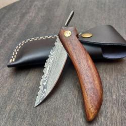 Couteau artisanal Piémontais Damas Manche en Bois avec Étui en cuir noir