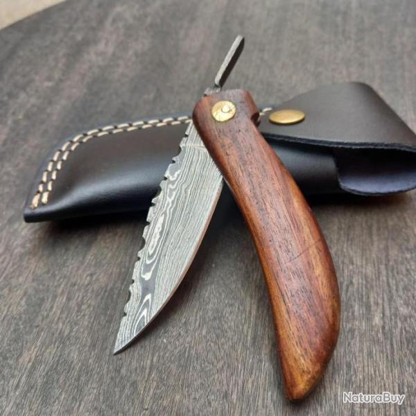 Couteau artisanal Pimontais Damas Manche en Bois avec tui en cuir noir