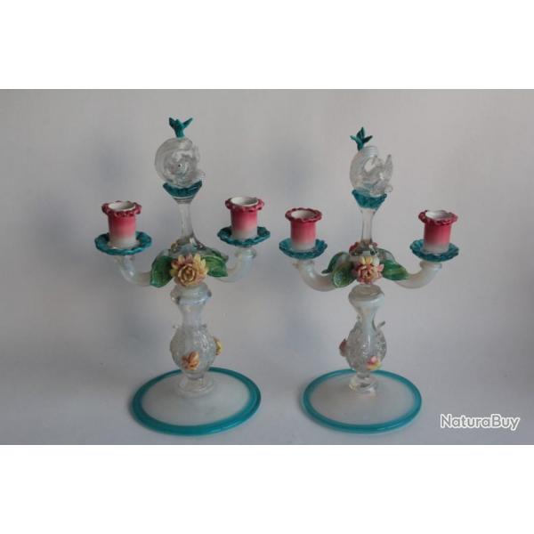 MURANO Paire Candlabres verre souffl polychrome Dauphins 1940