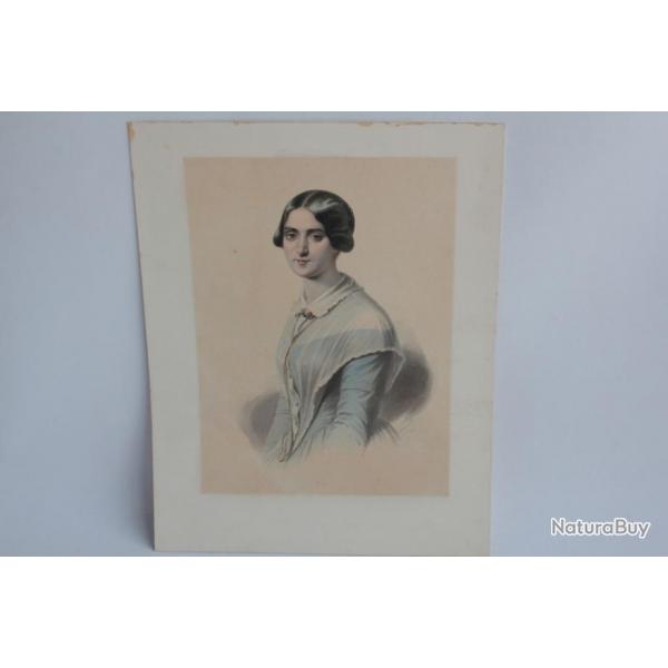 Aquarelle originale Albert WALCH Portrait Femme 1857