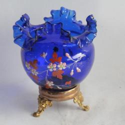 Vase boule verre bleu émaillé Napoléon III