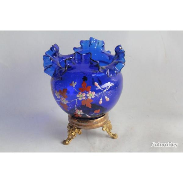 Vase boule verre bleu maill Napolon III