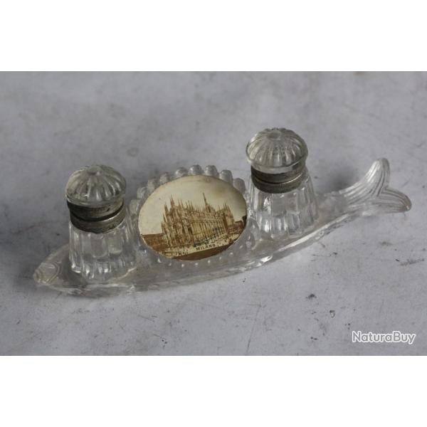 Ancien encrier double verre Poisson Souvenir de Milan Italie