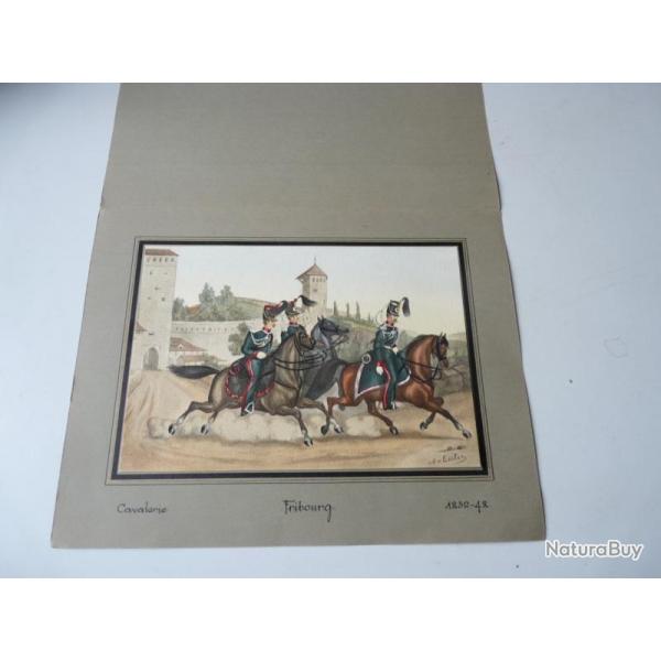 Lithographie originale A.V. ESCHER cavalerie Fribourg militaire