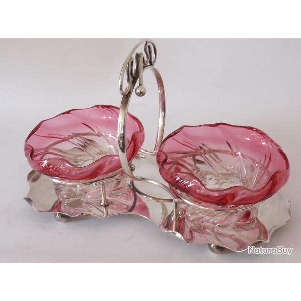 Coupelle double mtal argent/cristal Sheffield Art Nouveau