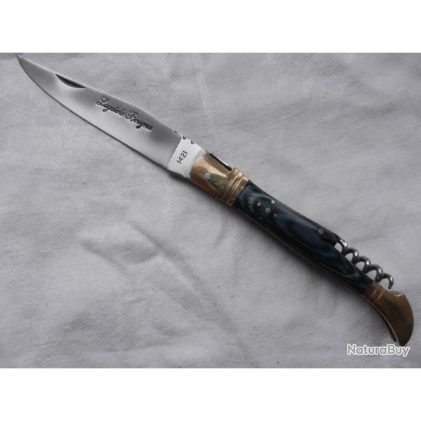 couteau Laguiole Bougna - manche bois parkris bleu longueur 22 cm avec tire bouchon