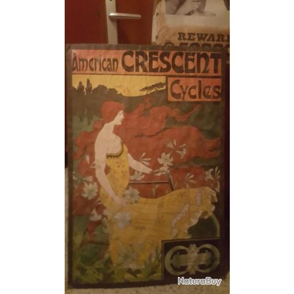 Trais belle vielle affiche de American CRESCENT Cycles trais bon tat cole sur carton