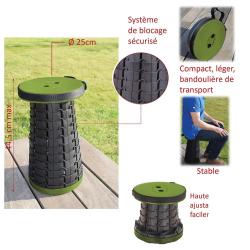 Tabouret télescopique kaki et noir réglable en hauteur de 6 à 45 cm