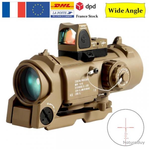 Lunette Visee 1x-4x Tactique + Point Rouge Detachable Reglable Double Usage Chasse Tir Fusil