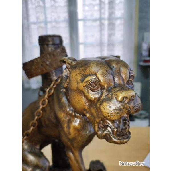 bronze Charles Valton (1851-1918) - Sculpture, chien en colre sur une chane