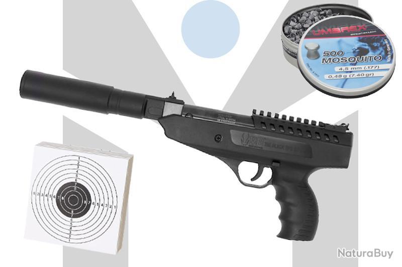 Pack Pistolet Air Comprimé Langley Silencer Calibre 4.5mm 10J + 500 Plombs  pointus + 100 cibles - Pistolets à air comprimé (7926193)