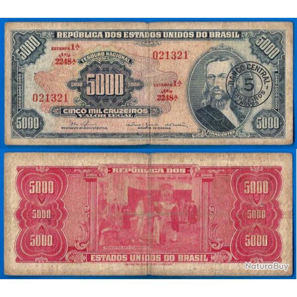 Bresil 5000 Cruzeiros 1966 1967 Surcharge 5 Cruzeiros Nouveaux Estampa 1a Sign 15 Brazil Brasil