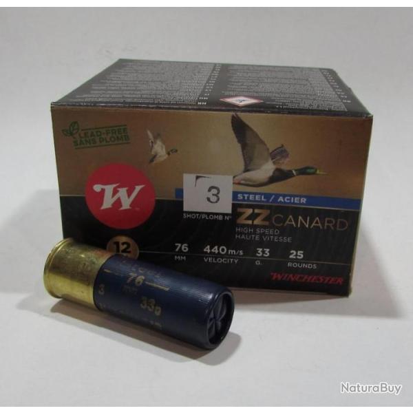 Boite de 25 cartouches Winchester ZZ canard Magnum 12/76  acier  33 grammes , Numero 3