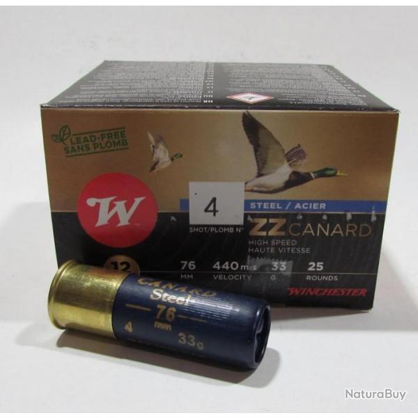 Boite de 25 cartouches Winchester ZZ canard Magnum 12/76  acier  33 grammes , Numero 4