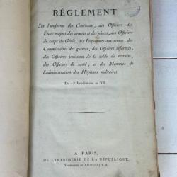 Rare Livre Règlement sur l'uniforme des Généraux Premier Empire règlement Vendèmiaire an XII (1803)