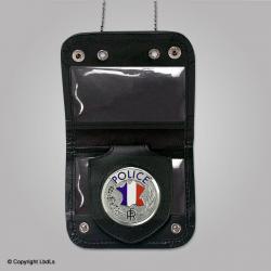 Porte carte et médaille tour de cou cuir noir + chainette
