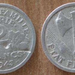 France 2 Francs 1943 Francisque Abimé Piece Aluminium Francs