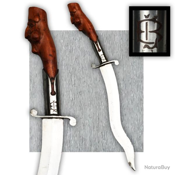 RARE & SUPERBE DAGUE / GLAIVE TURQUE OU INDIEN, LAME CROCHUE, DE TYPE KRIS, ORIGINAL